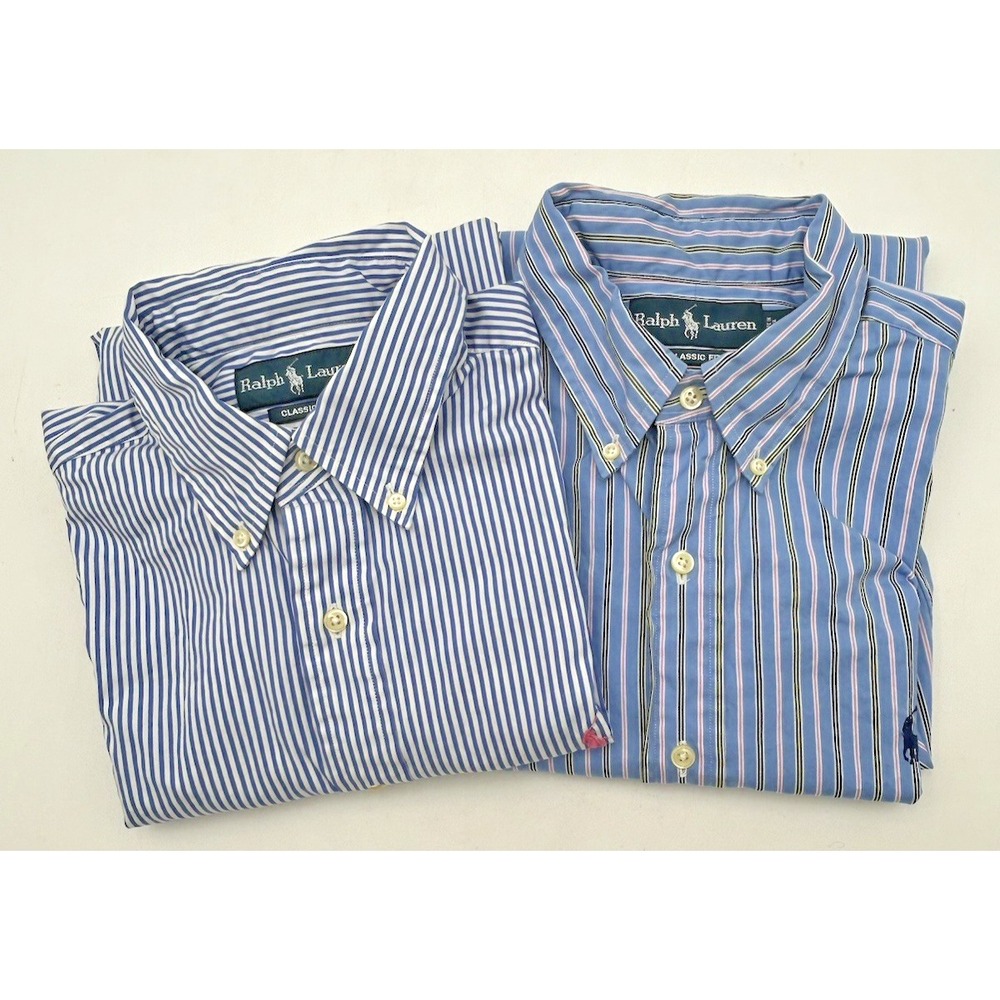 Lot Of 2 Polo Ralph Lauren Button Down Shirts Mens 2XL-16 Classic Fit Blue Strip